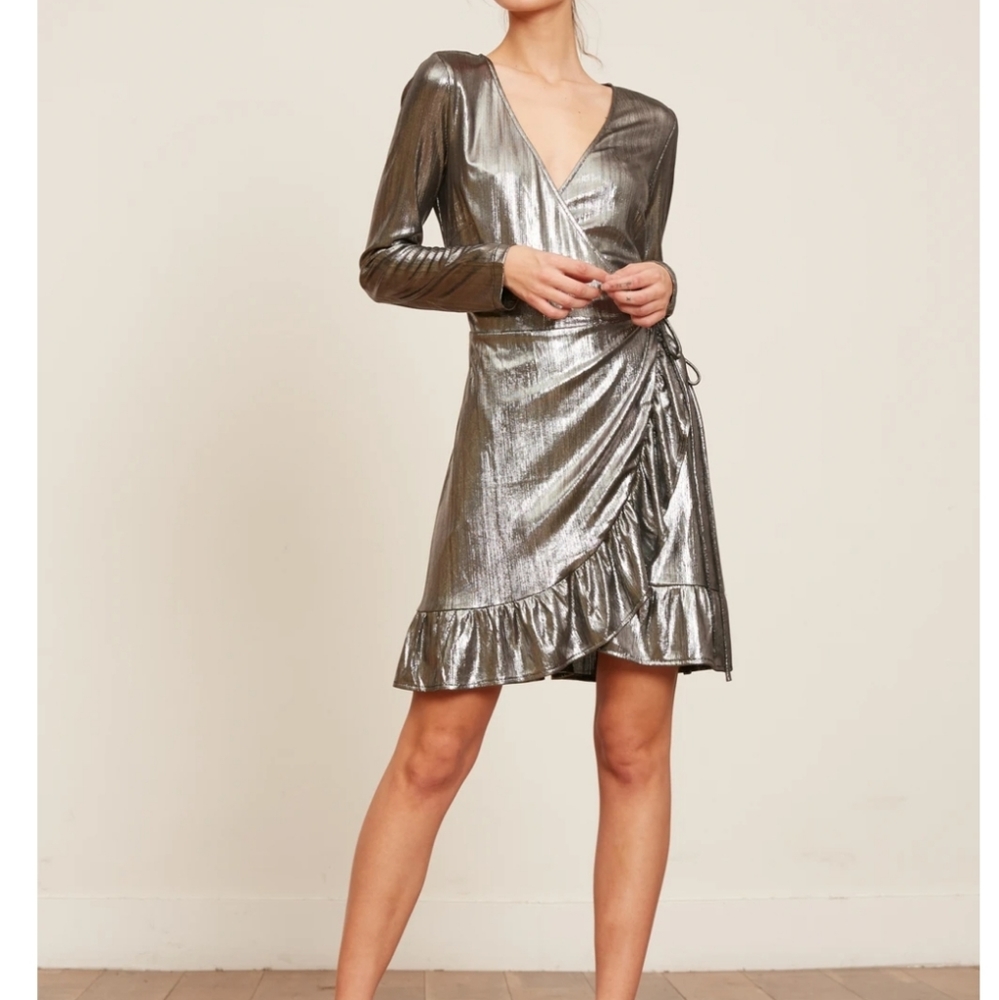LUCY PARIS Metallic Shiny Silver Wrap Ruffle dress